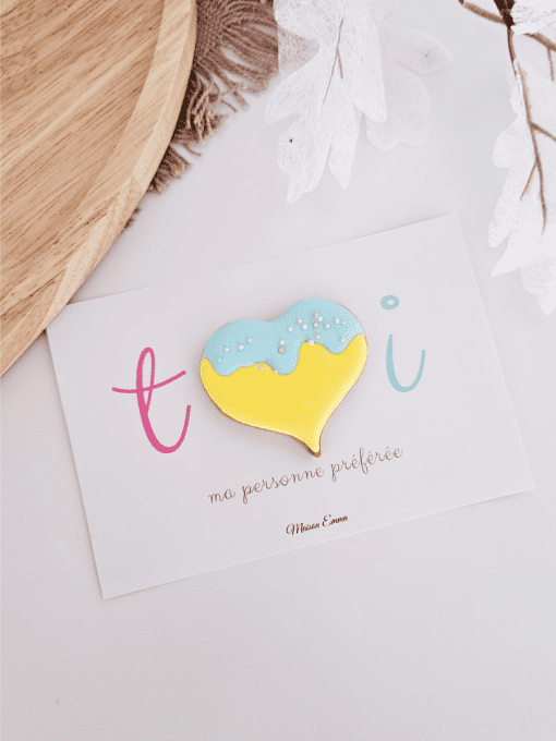Biscuit coeur jaune & bleu - Saint Valentin