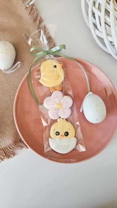 Trio de biscuits de pâques -poussin coquille, fleurs, poussin