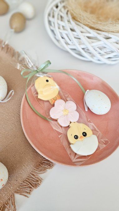 Trio de biscuits de pâques -poussin coquille, fleurs, poussin 